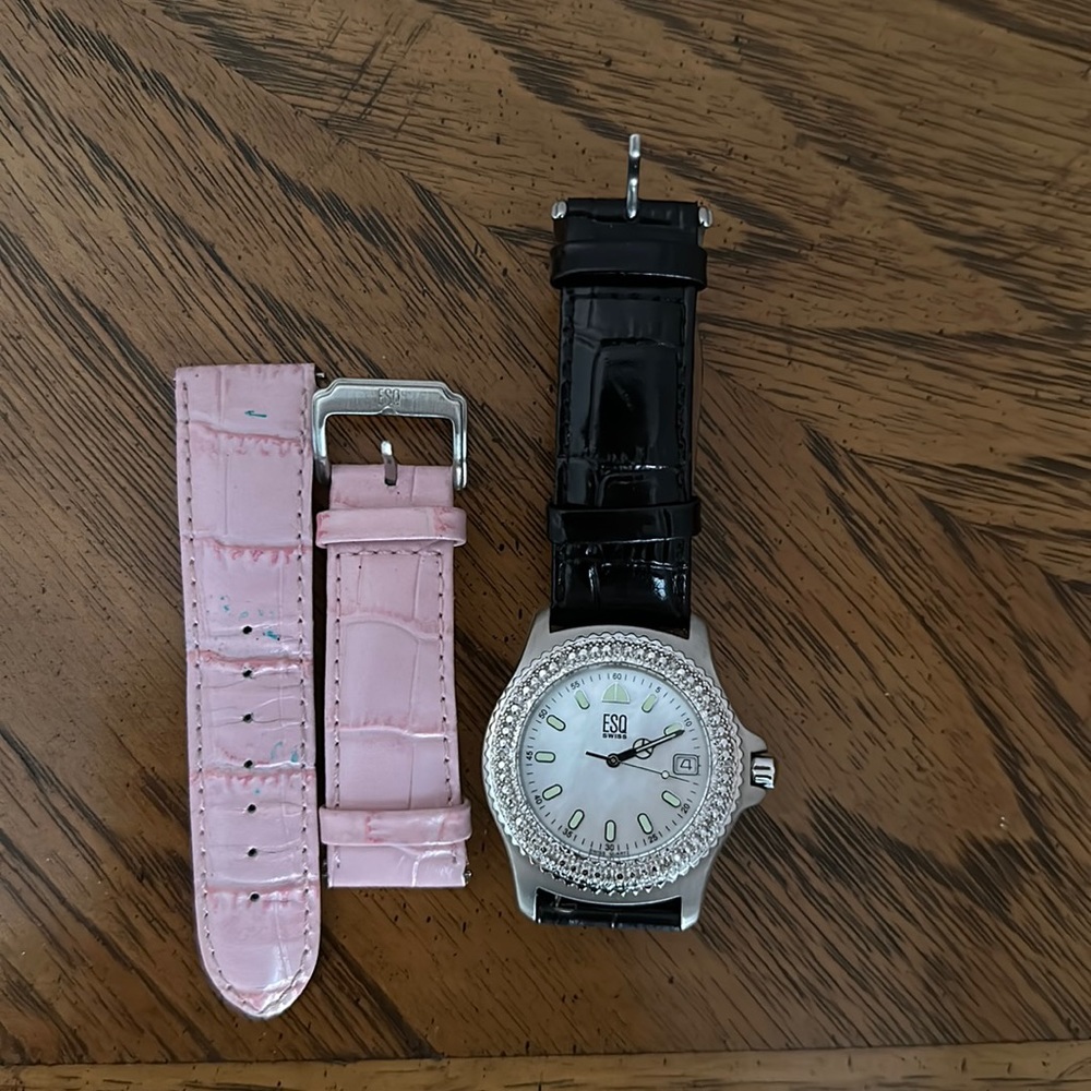 ESQ Swiss Crystal Dial Watch with Black and Pink Leather Straps